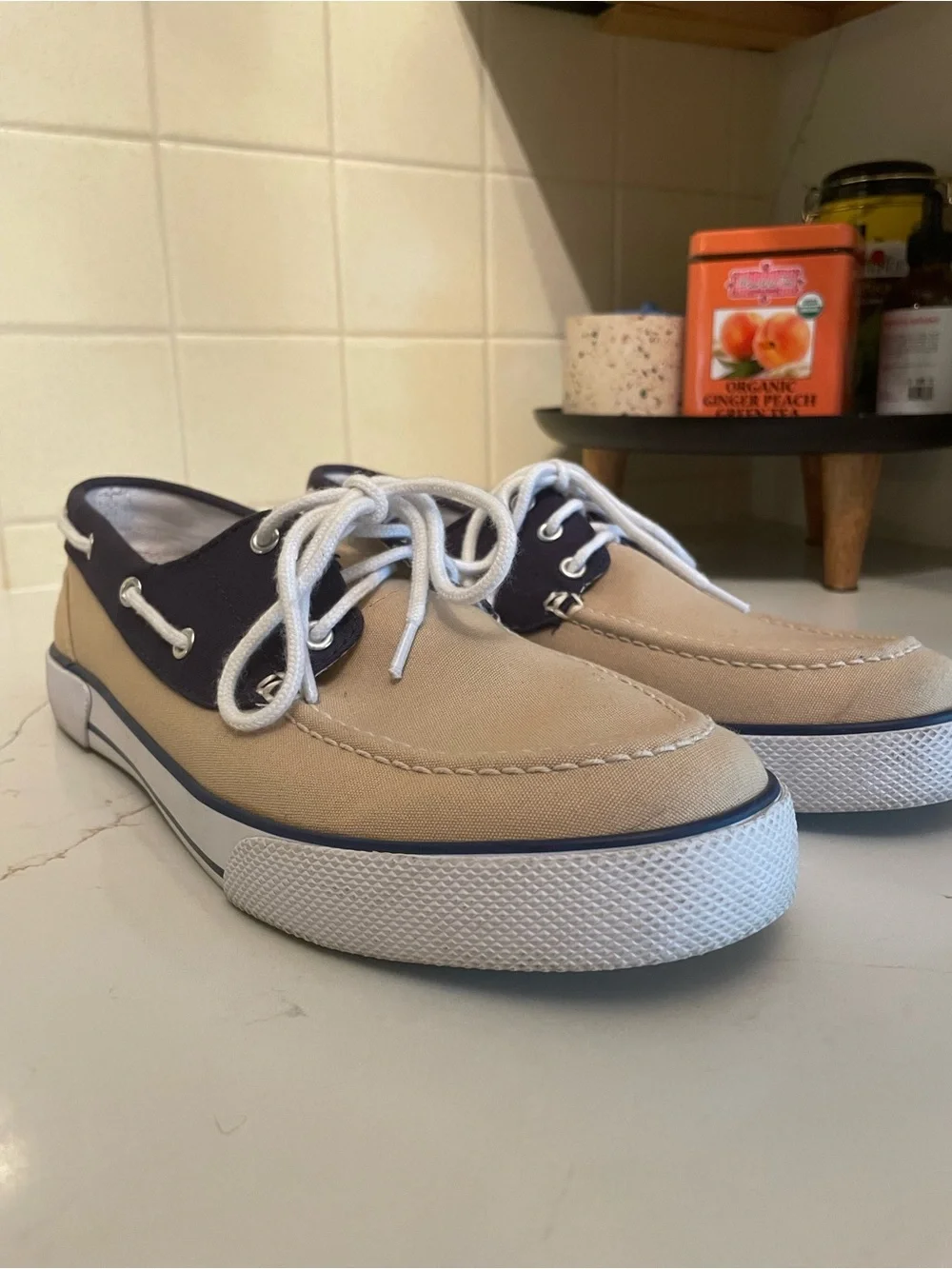 Polo Ralph Lauren Franz Canvas Boat Shoes Loafers Tan Navy Blue Size 10D